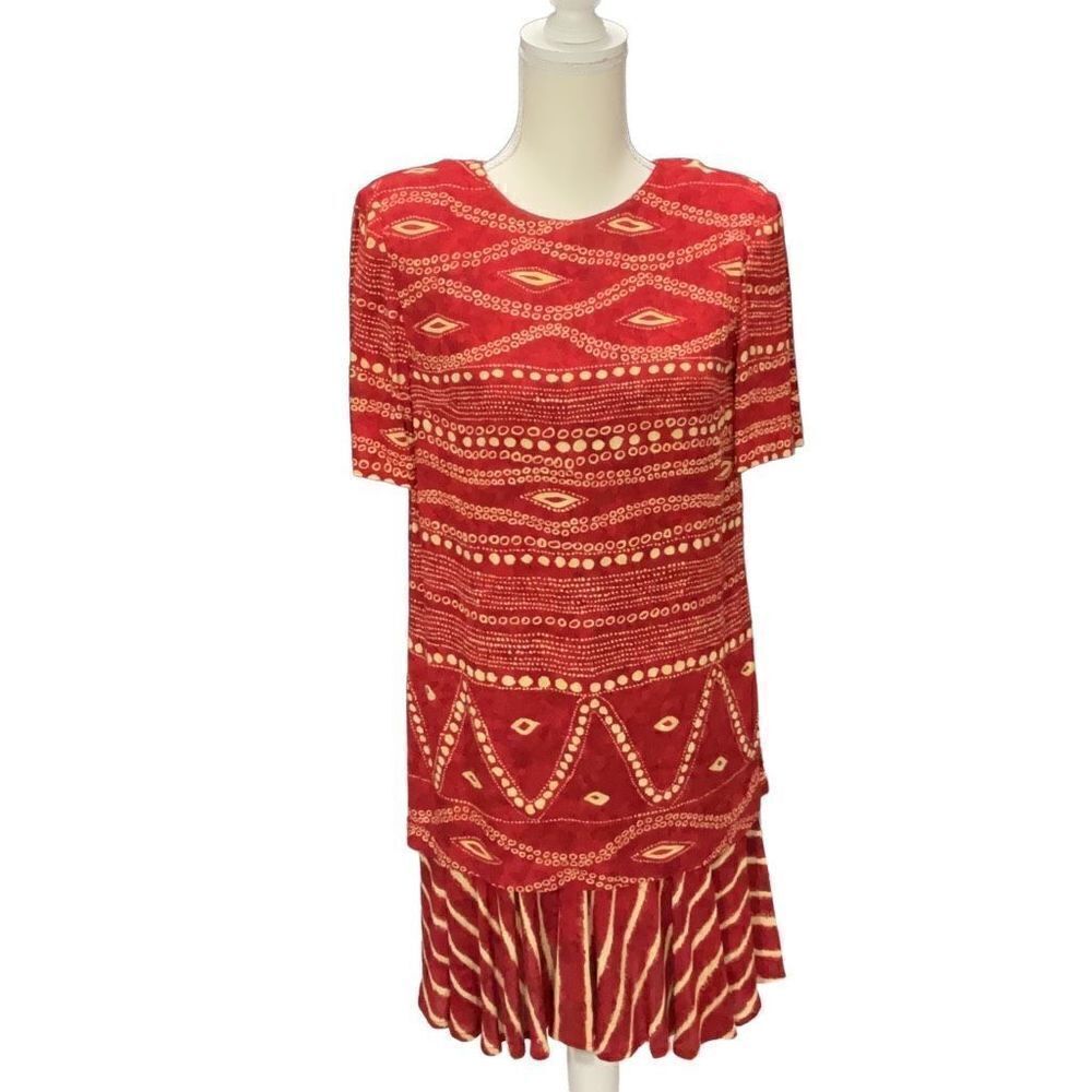 VTG 90s Carole Little Petite Dress Skirted Tribal dark Orange Shoulder Pads Sz 2
